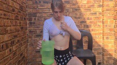Hot Pale Slut In Cotton Crop Top And Skirt Wetting Her Shirt And Playing With Her Boobs Outside In The Garden - hclips.com