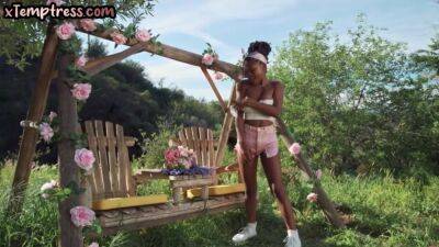 Busty Ebony babe in high heel boots fingering pussy outdoor - hotmovs.com