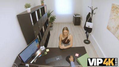 VIP4K. Lender fucks hottie and sweet boobs and blue eyes at the workplace - txxx.com