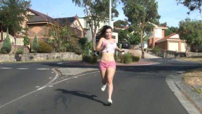 Fit busty girl masturbates during jogging - drtuber.com